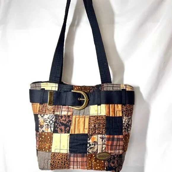 Donna Sharp Quilted Belt Buckle Purse-Brown Mix Medium Shoulder/Tote Purse Bag - Picture 2 of 16